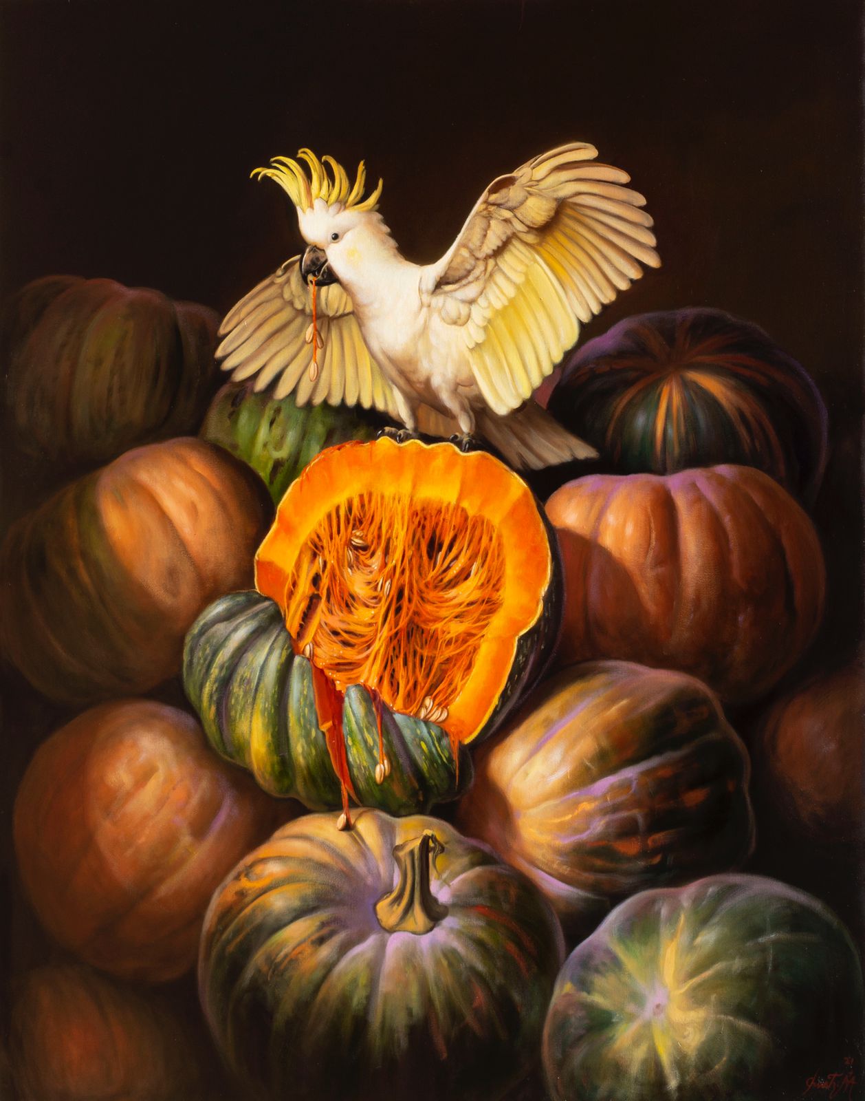 Calabazas con cacatúa