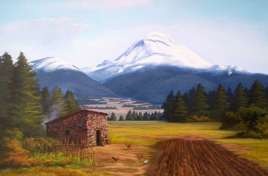 Choza con volcanes